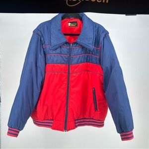Vintage 80’s Puffer Red Blue Zip-Up Ski Jacket Removable‎ Sleeves Men’s XL